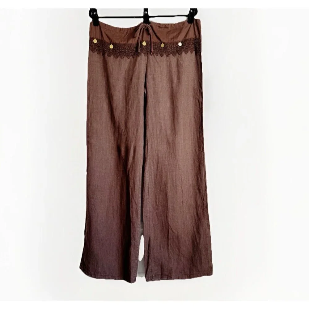Specchio Brown Boho Gypsy Wide Leg Pants Crochet Lace Trim Coin Size Medium